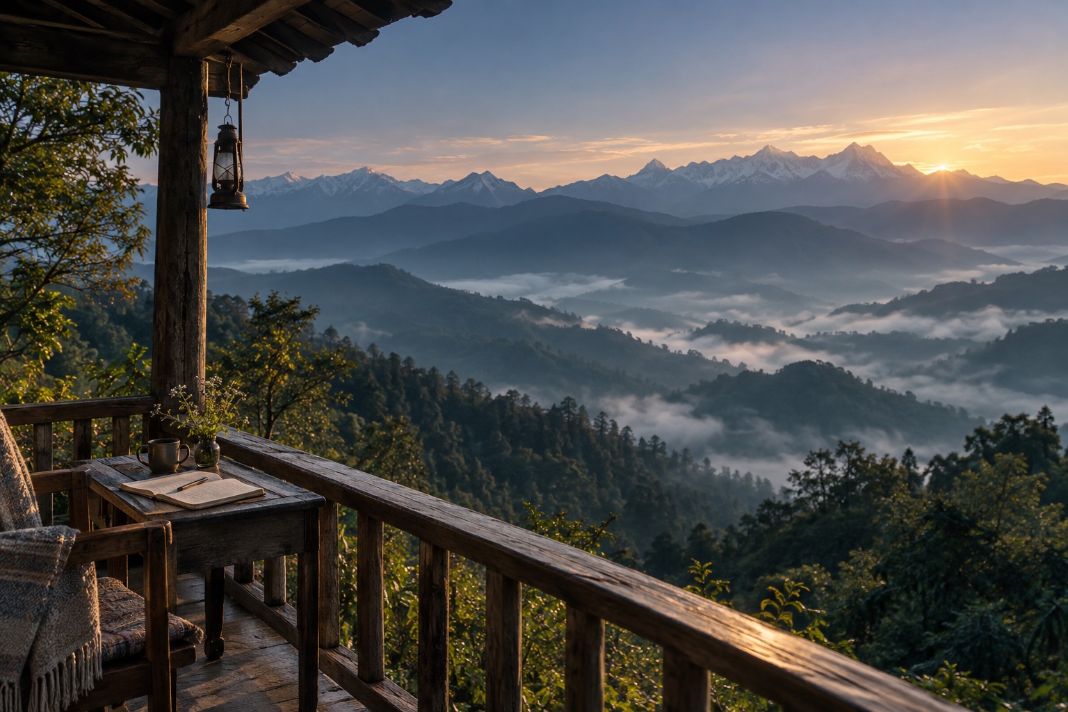 Original artwork of a notebook on a timber veranda above misty mountains